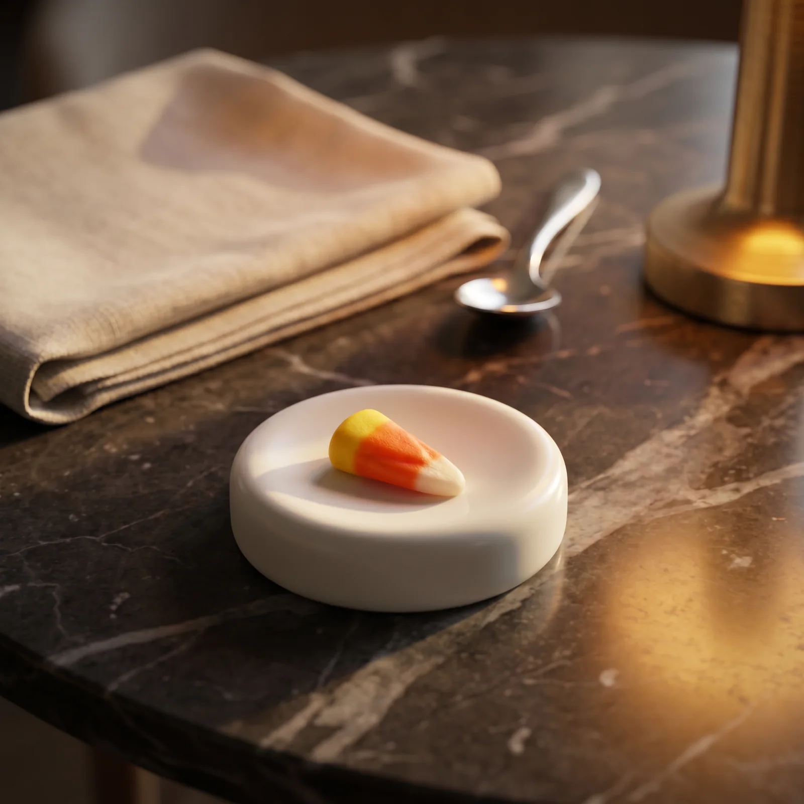 A single candy corn, plated